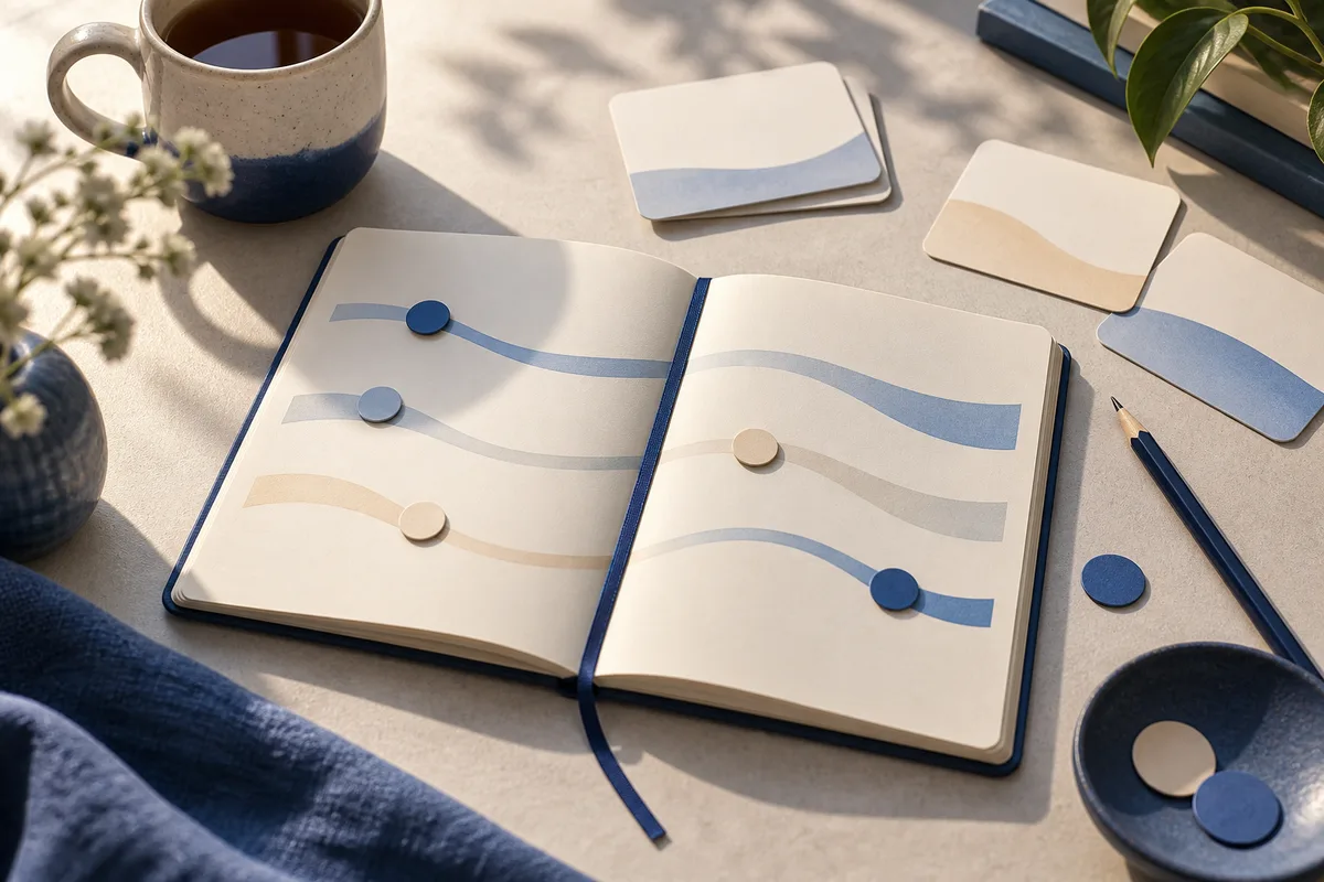 Open journal displaying curved blue, gray, and cream strips with round markers, surrounded by blank cards, a pencil, a cup, and small bowls on a table.