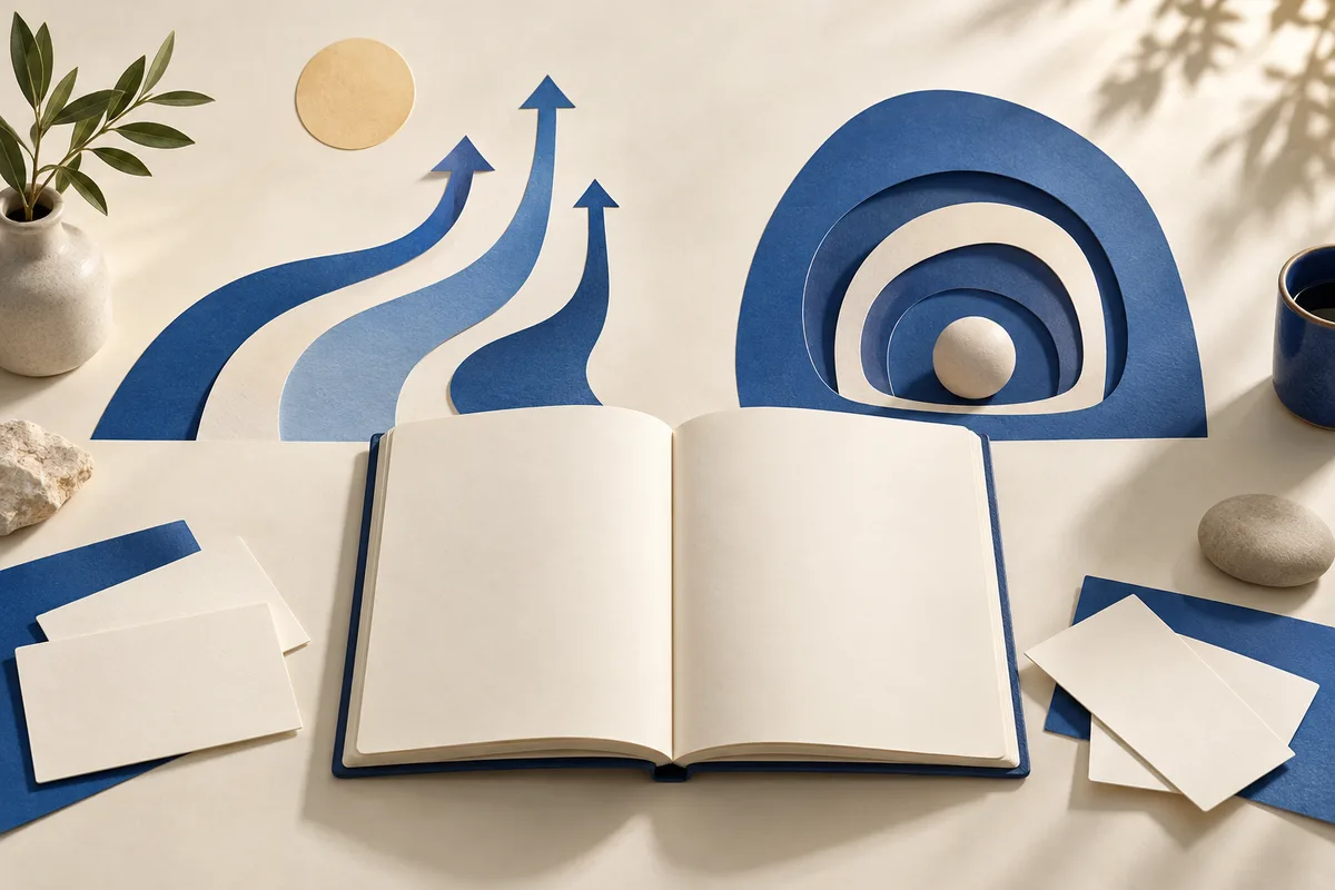 An open blank book sits beneath three blue upward arrows and layered blue arches with a sphere; blank cards, a potted plant, a cup, and stones surround it.