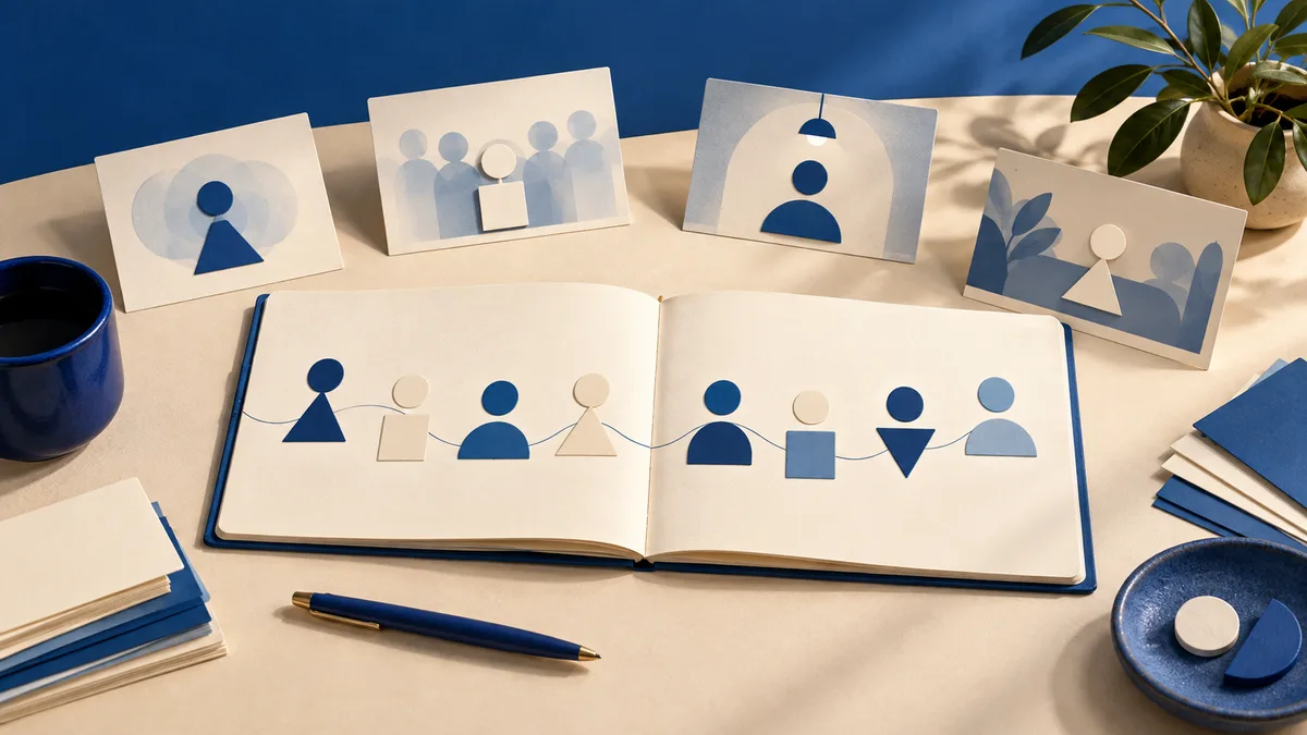 An open notebook displays a line of blue and cream geometric figures, with illustrated cards arranged around it on a cream table.