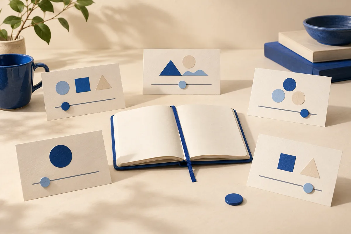An open notebook sits among cards showing colored shapes and markers on horizontal lines, with a blue mug and stacked books nearby.