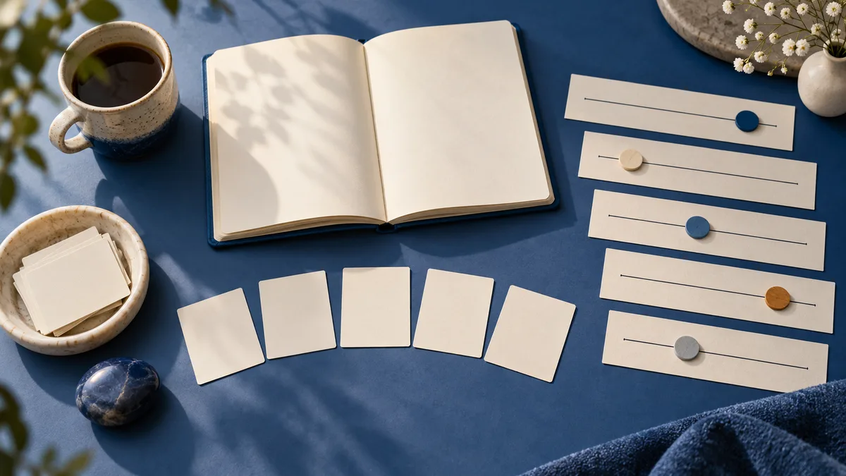 An open blank notebook, small cards and slider strips with colored markers arranged on a blue surface, beside a cup and bowl of cards.