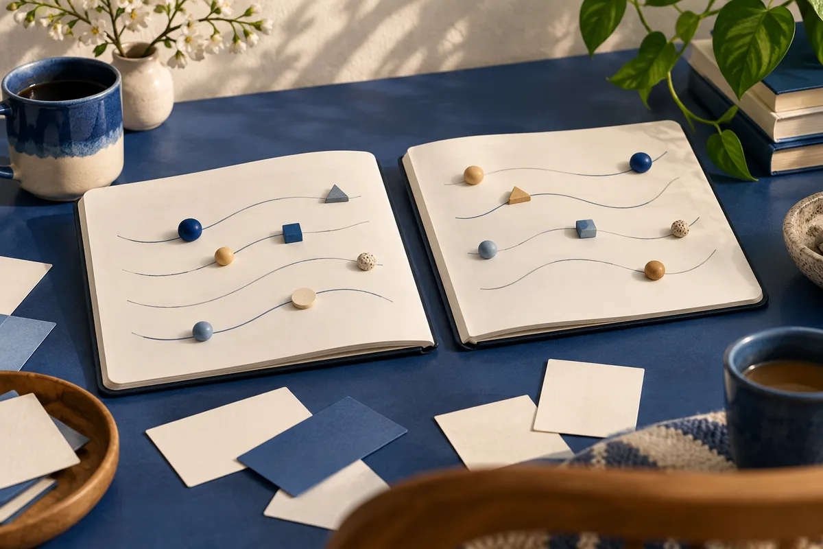 Two open notebooks show wavy lines with small colored markers; loose cards, cups, books, and plants sit on a dark blue table.
