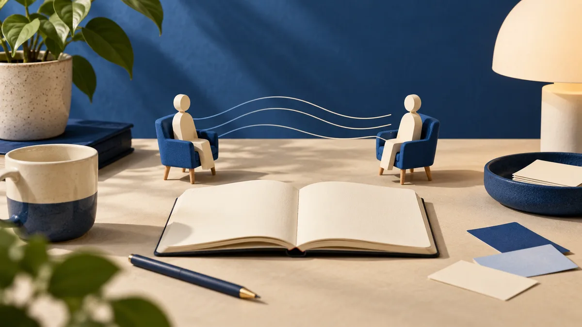 Two small wooden figures sit facing each other in blue chairs across an open book, with three curved lines between them. A plant, mug, lamp, and paper cards sit on the table.