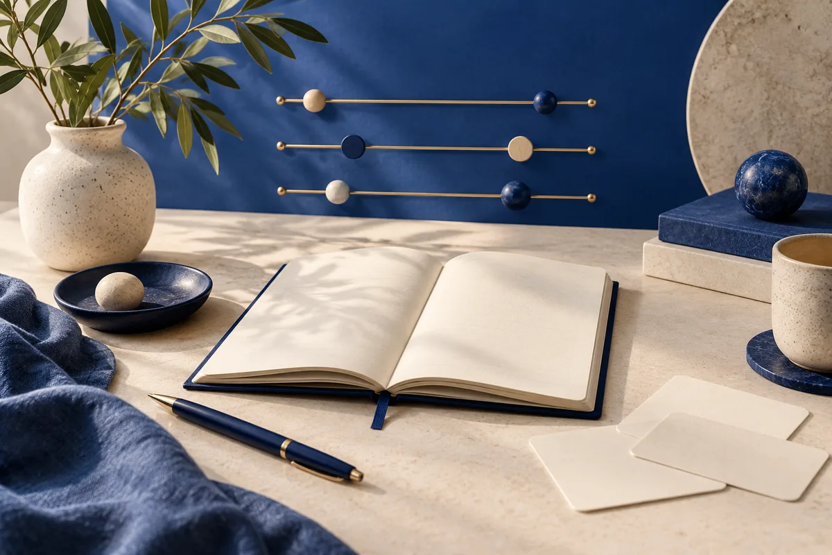 An open blank notebook and pen sit beneath three horizontal bars with cream and blue discs; a leafy plant, stoneware, and small cards surround them.