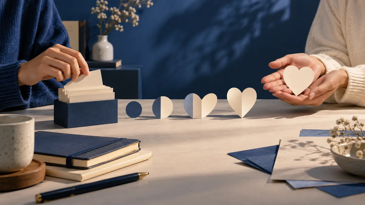 A tabletop scene with two pairs of hands, a box of cards, paper hearts arranged in a row, notebooks, envelopes, and a heart held in cupped hands.