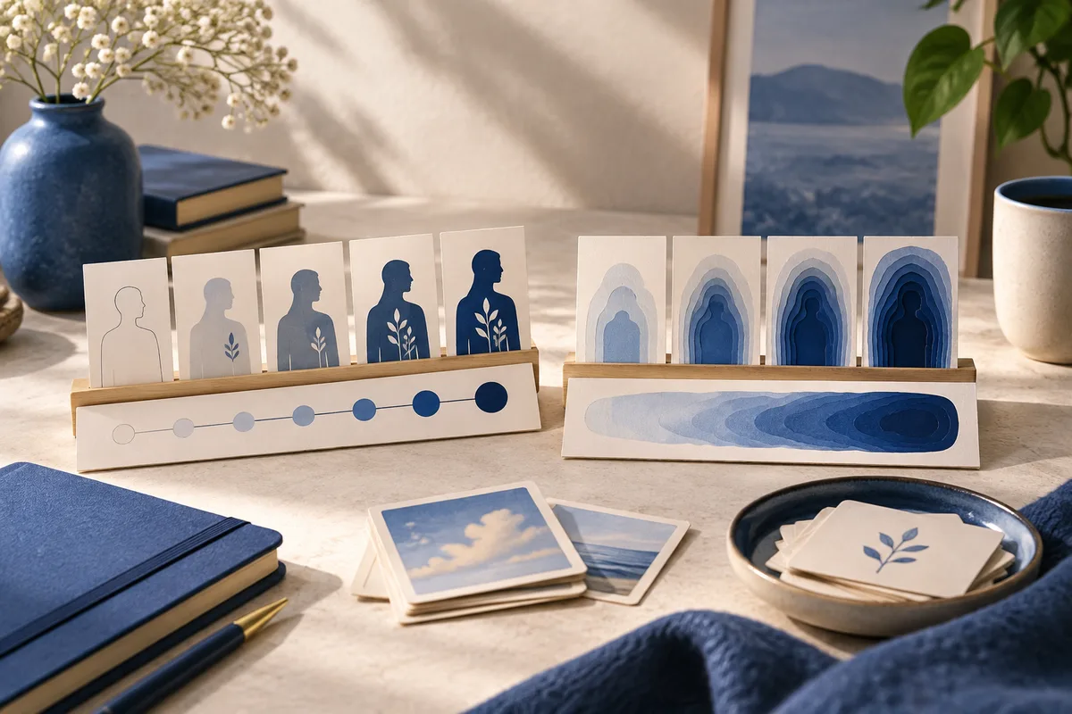 A tabletop display of silhouette cards in shades of blue, a row of circles, layered arch shapes, books, postcards, and a bowl.