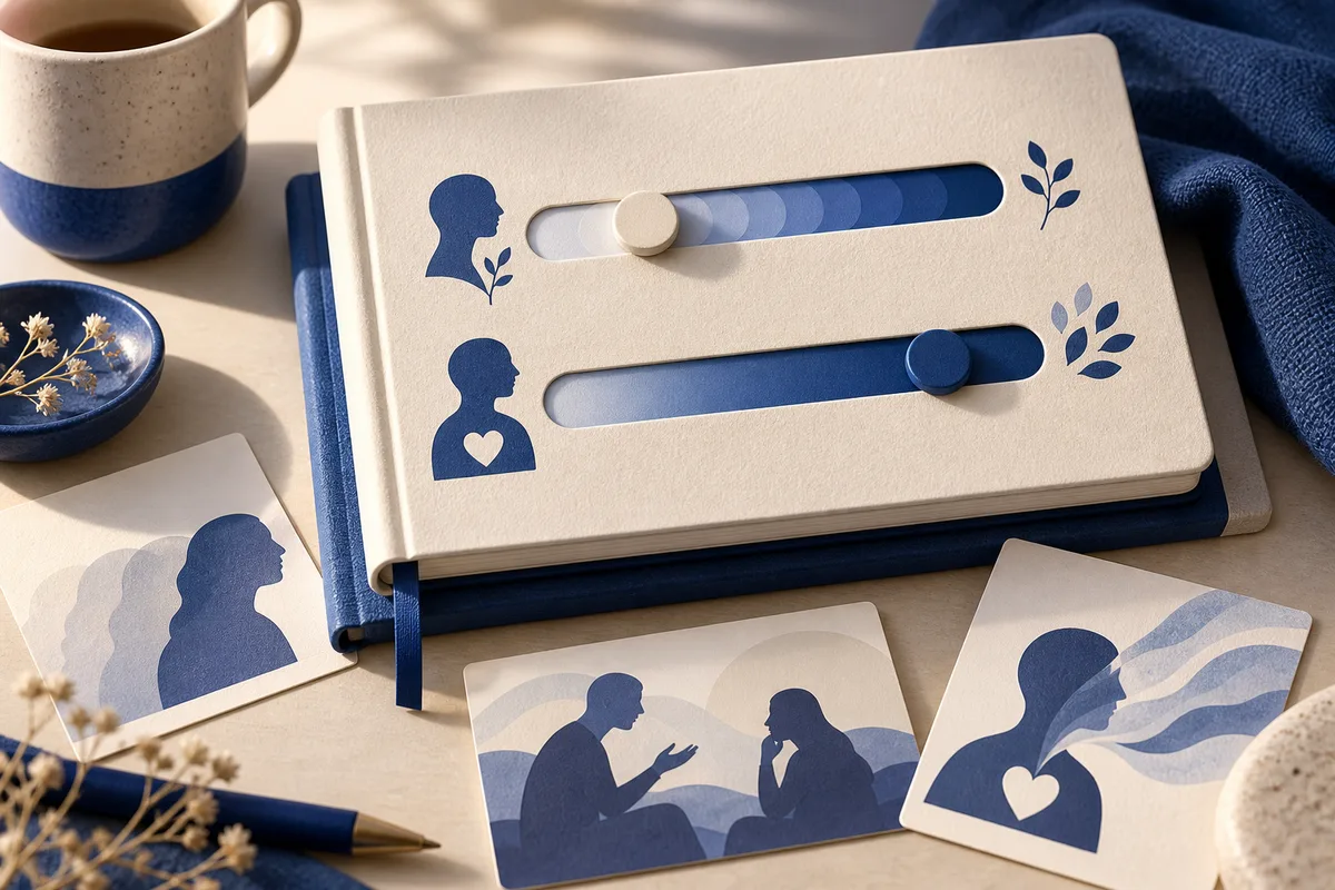 A cream board with two horizontal blue sliders and silhouette icons rests on notebooks, surrounded by illustrated cards, a cup, and a pencil.