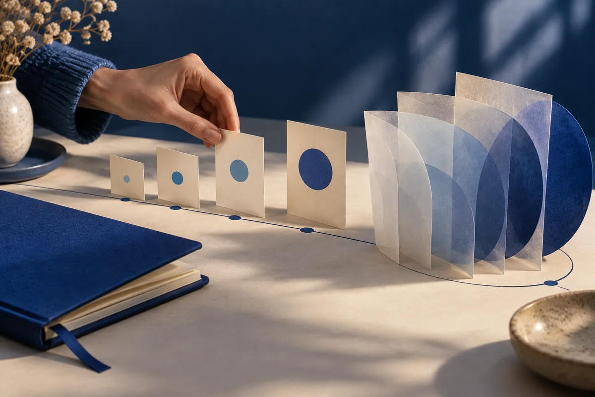 A hand places a cream card with a blue circle among cards with increasingly large circles, beside a row of translucent blue panels.