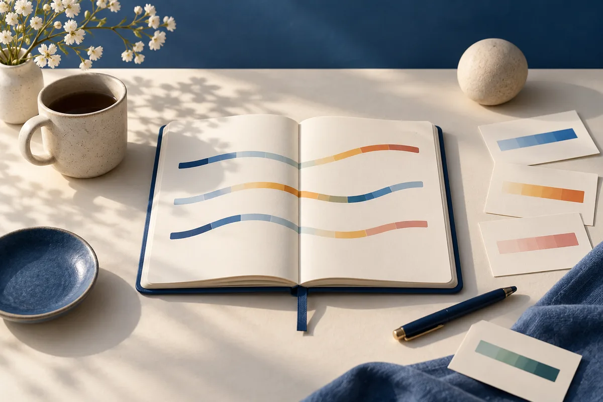 An open notebook with colored wavy bands lies beside color-swatch cards, a pen, a cup, white flowers, and a small sphere.