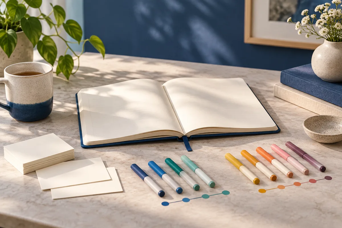 An open blank notebook on a desk beside colored markers arranged in short lines, with a mug, plants, and a vase of flowers nearby.