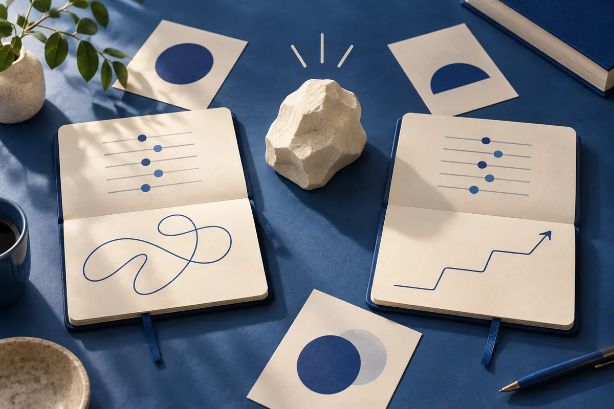 Two open notebooks with blue slider marks and line drawings sit beside abstract cards and a stone on a dark blue surface.