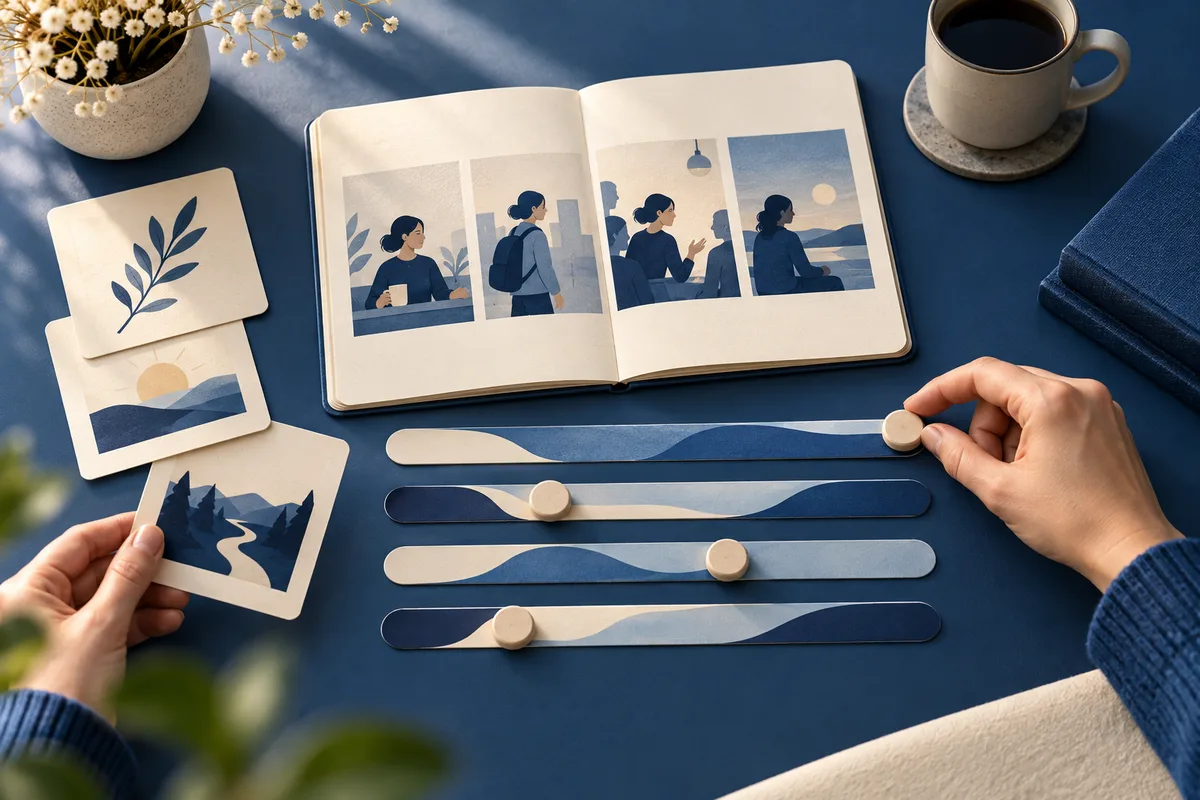 An open book shows illustrated people in different settings beside four blue and cream sliders, with hands adjusting a slider and holding picture cards.