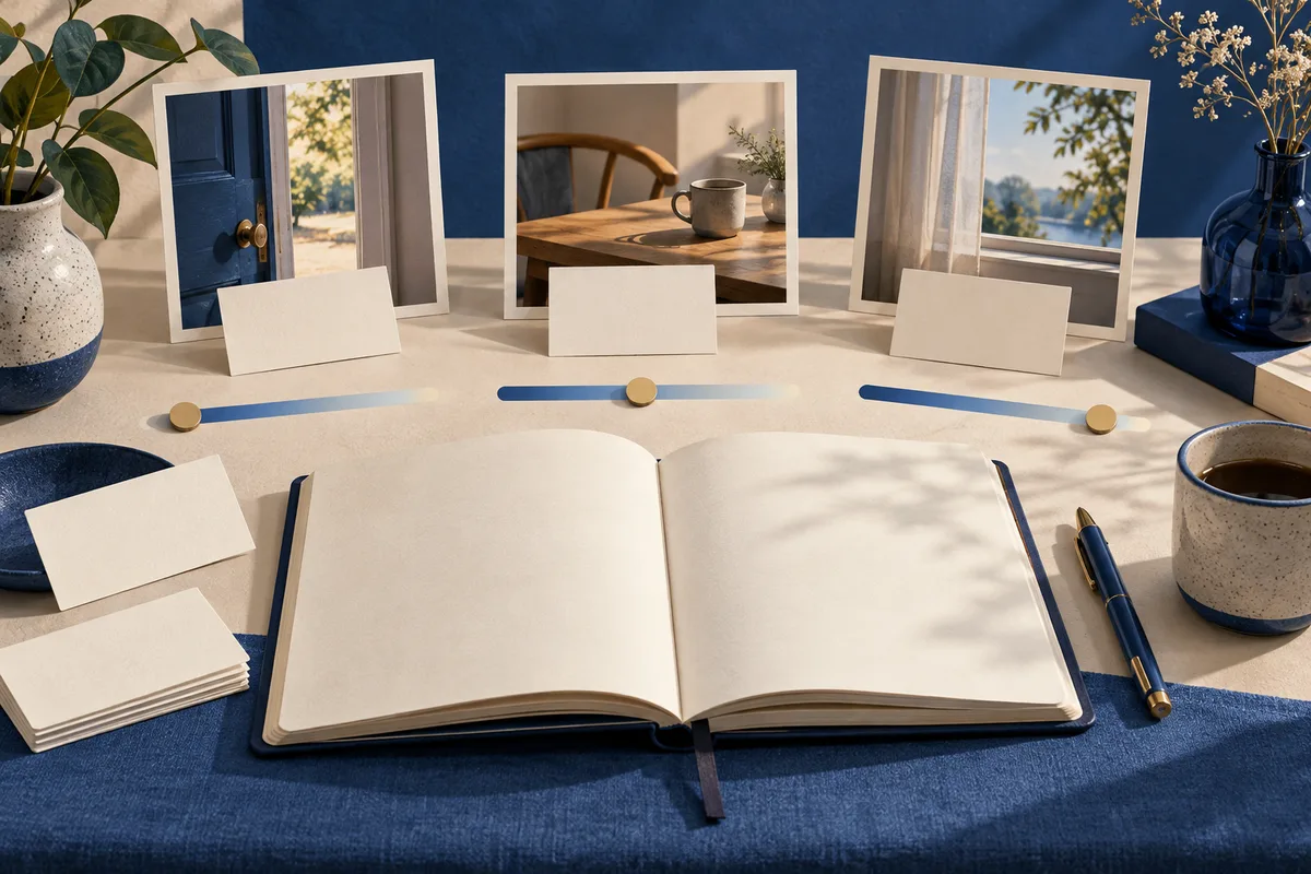 An open blank notebook sits on a desk with framed scenes, blank cards, three sliders, a pen, cups, and potted plants.