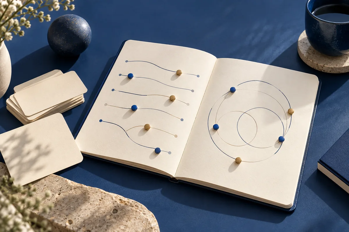 An open cream notebook with curved lines and blue and gold dots, beside blank cards, a dark sphere, a mug, and a flowering branch.