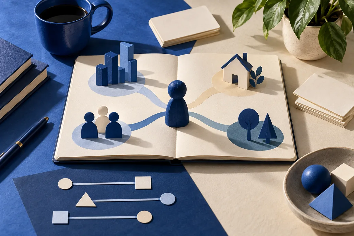 An open book shows branching paths between small figures, buildings, and abstract shapes. Three sliders, stacked books, a mug, and a potted plant sit around it.