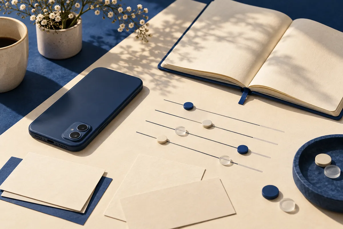 A dark smartphone and open blank notebook sit beside three lines marked with blue, cream, and clear discs; flowers and a cup are nearby.