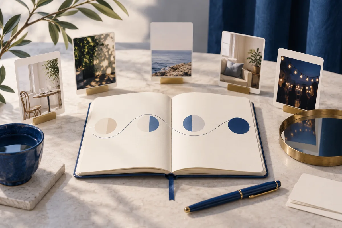 An open notebook shows four cream and blue circles linked by a wavy line, surrounded by small photographs, a blue pen, and a cup on a light table.