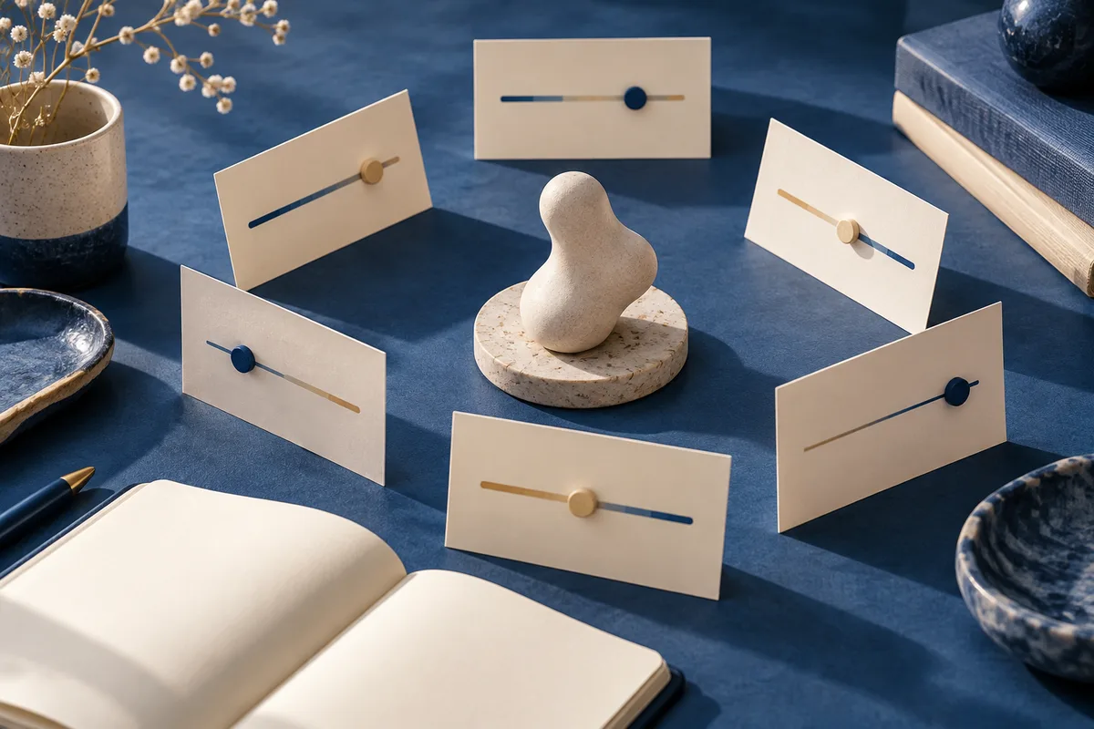 A small white abstract sculpture stands among cream cards with blue and gold lines and markers; an open notebook, potted branch, and bowls sit on a dark blue surface.