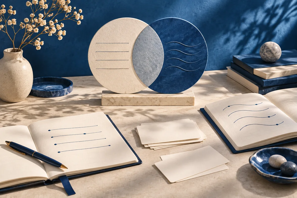 An open notebook with a pen and line-marked cards sits beneath two overlapping circles on a cream desk, with a vase, stacked books, and a small dish nearby.