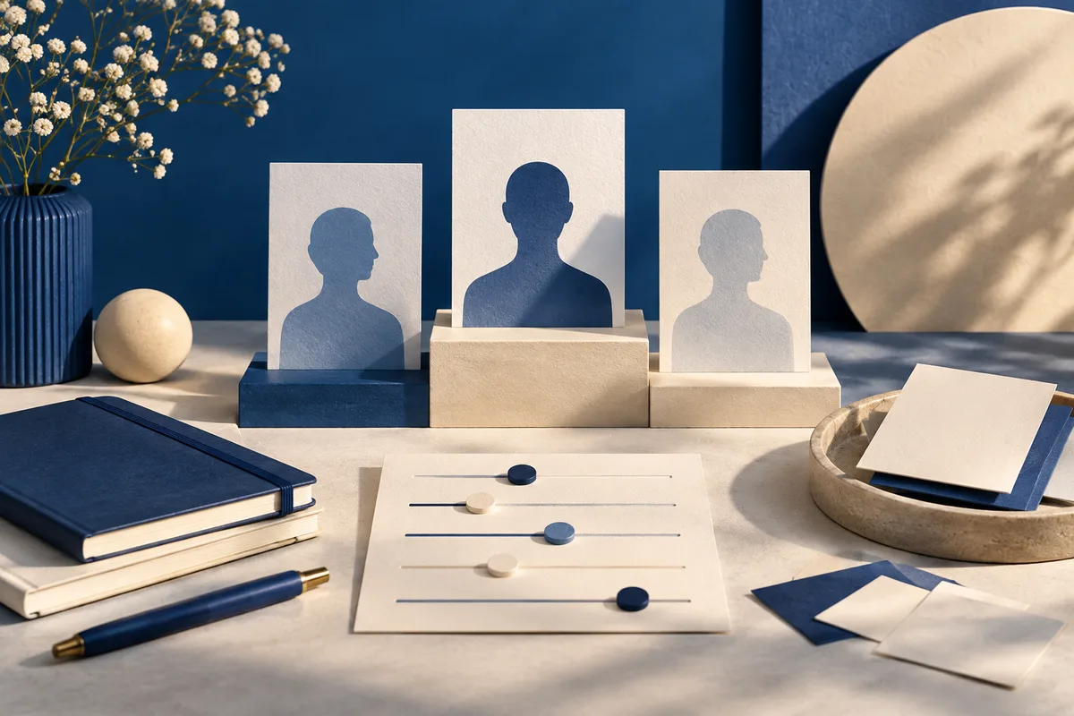 Blue-and-cream still life with three silhouette portrait cards on stepped blocks, a sheet with slider lines, books, a pen, and loose papers.