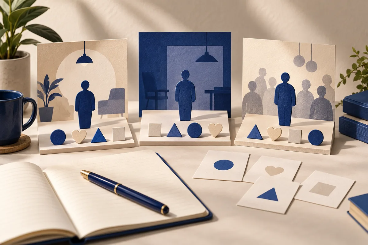 Blue-and-cream still life with three display boards showing individual figures, rooms, and groups, plus geometric tokens, an open notebook, and a pen.
