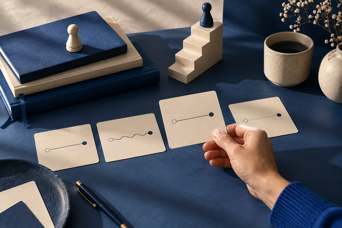 A hand holds a cream card marked with a straight line between two dots above four cards with different line patterns; books, pawns, a cup, and a pen sit nearby.