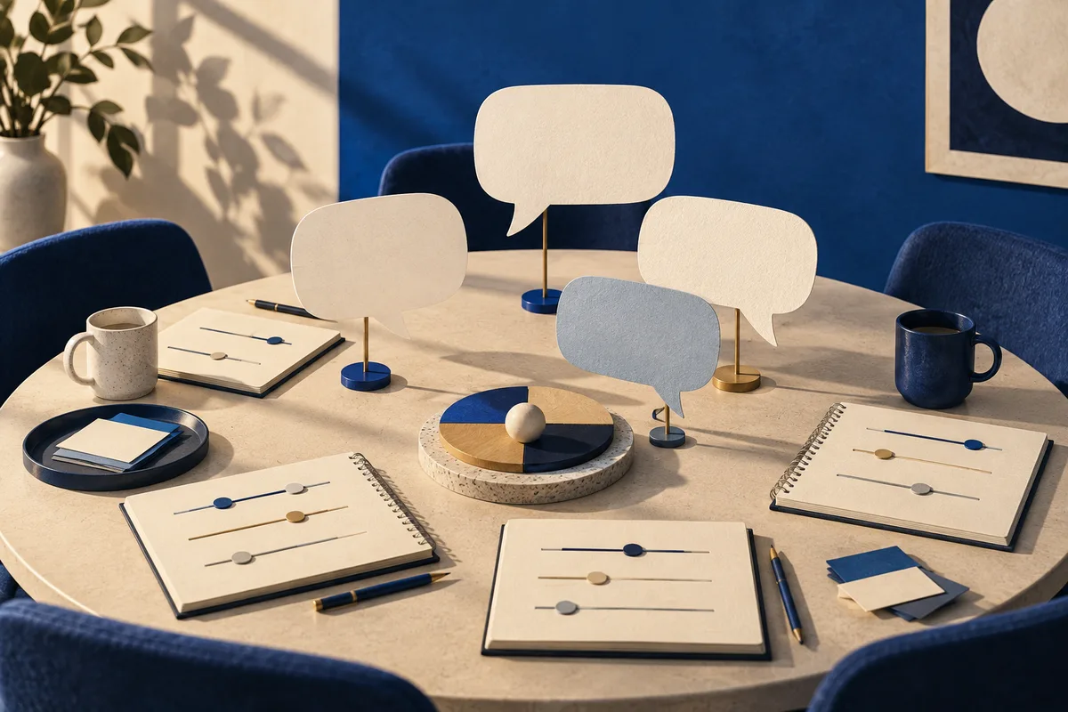 A meeting table with blank speech bubbles, notebooks marked with sliders, a segmented circular object, and two mugs.