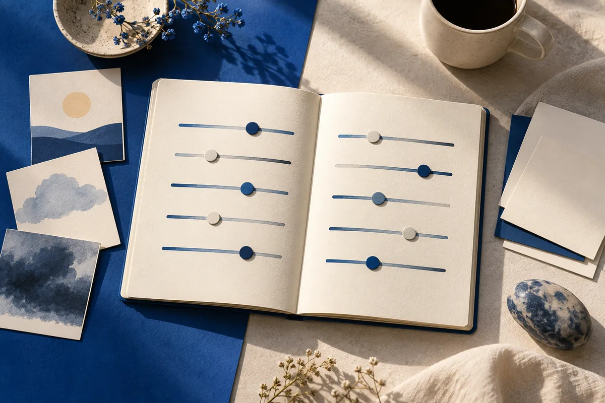 An open notebook with rows of horizontal sliders and blue and cream markers, surrounded by abstract blue cards, a cup, and small decorative objects.
