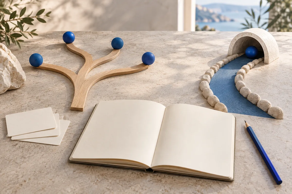 An open blank book sits beside cards, a branching wooden path topped with blue spheres, and a blue path leading through a stone arch.