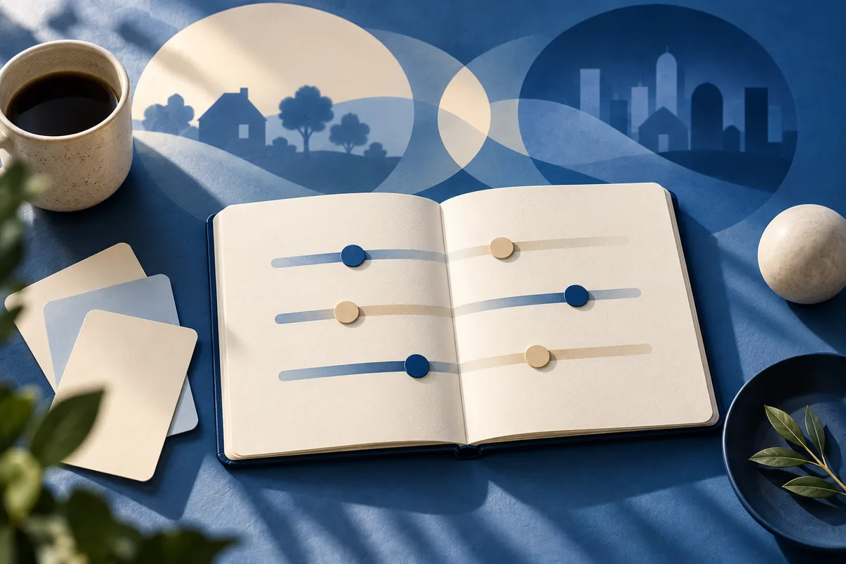 An open book with six blue and cream markers on horizontal lines, beside a coffee cup and blank cards, with simple neighborhood and city silhouettes behind it.