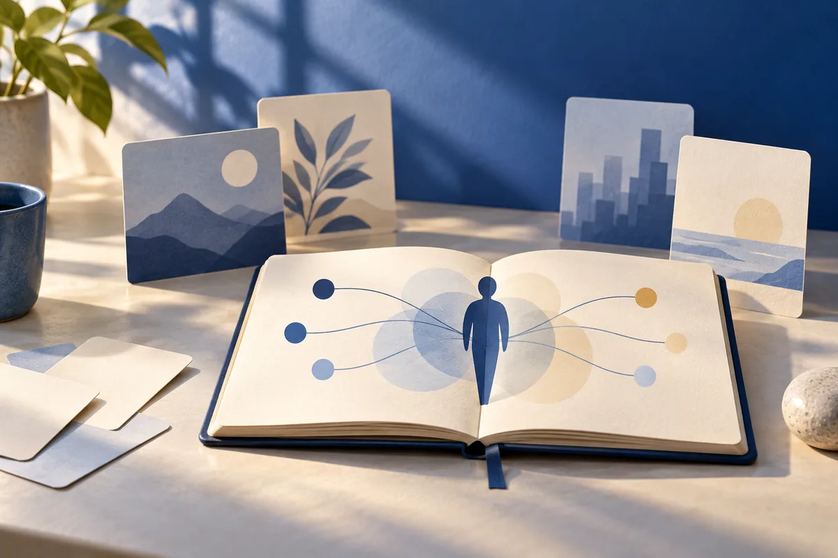 An open book with a small blue figure standing at its center, connected by curved lines to colored dots; picture cards, a potted plant, and papers sit around it.