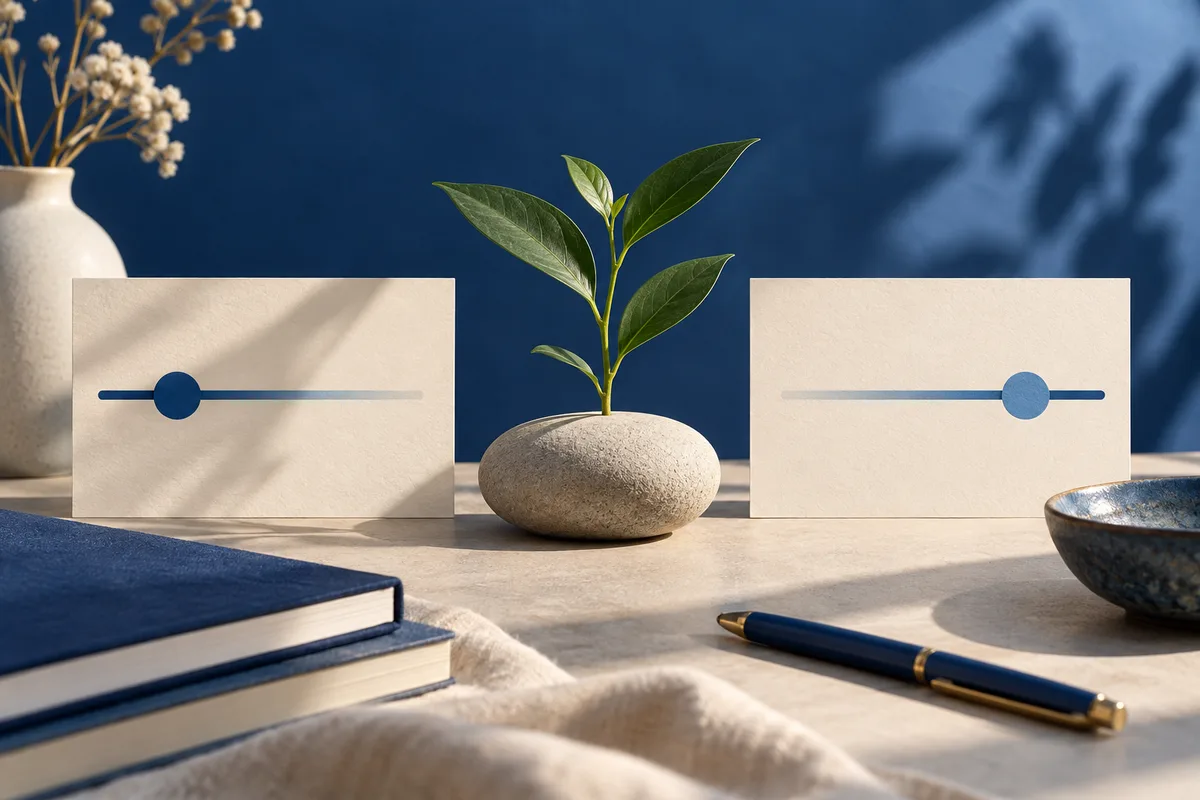 A potted plant sits between two blank cards with horizontal lines and circular markers, alongside stacked books, a pen, a vase of flowers, and a bowl.