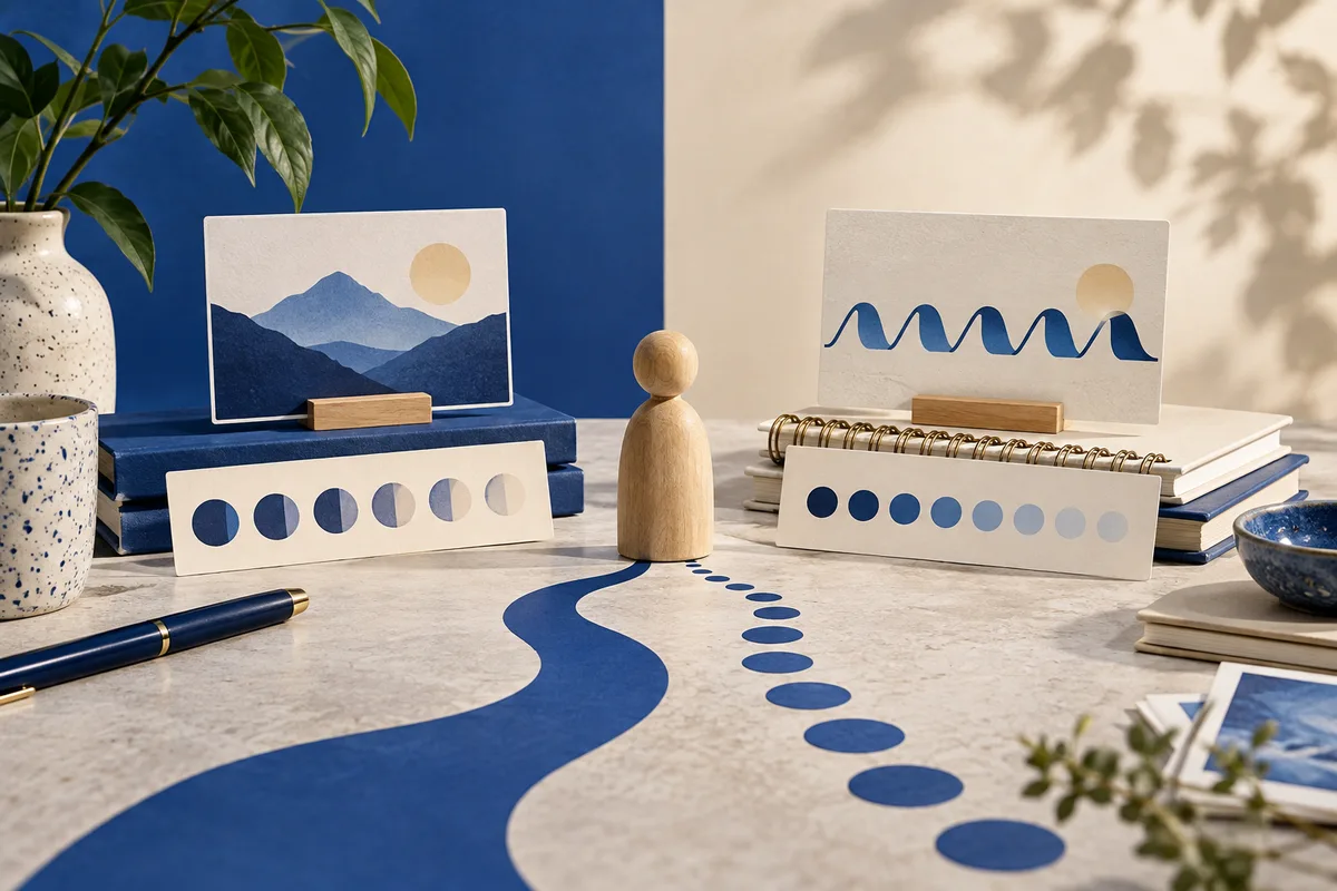 A wooden figure stands between a blue winding path and a trail of blue dots on a tabletop, beside circular color scales, mountain artwork, a wavy-line card, books, pens, and a plant.