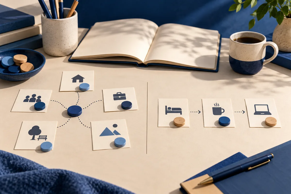 An open blank notebook sits above cards showing people, a house, a briefcase, a park bench, mountains, a bed, a coffee cup, and a laptop, connected by dotted lines and arrows with colored wooden discs.