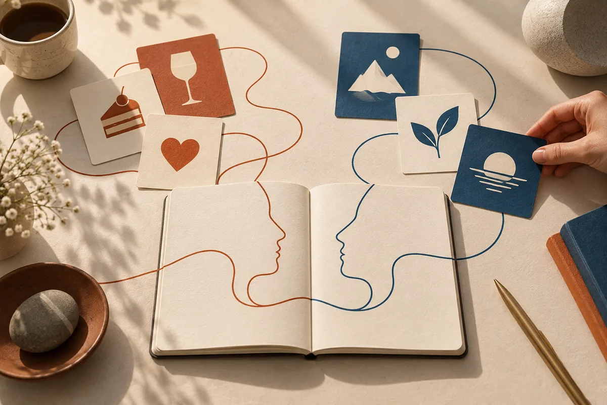 An open notebook shows two facing profile outlines connected by rust and blue lines to illustrated cards. A hand holds a blue card with a sunset symbol.