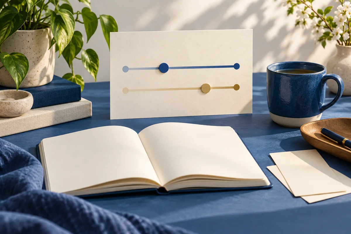 An open blank notebook and two unlabeled horizontal sliders sit on a blue desk beside a mug, papers, and potted plants.