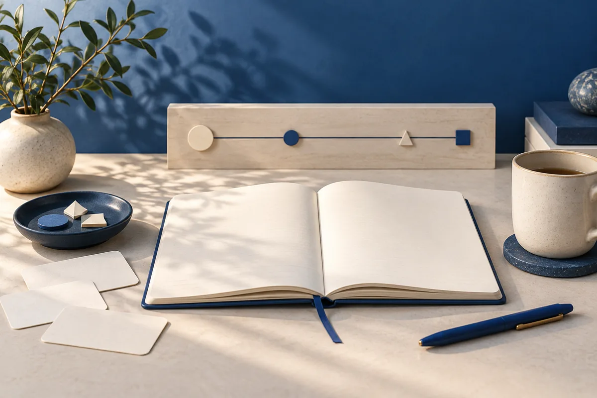 An open blank notebook sits on a desk beneath a board with a line and circle, dot, triangle, and square markers; a plant, small geometric pieces, and a mug surround it.