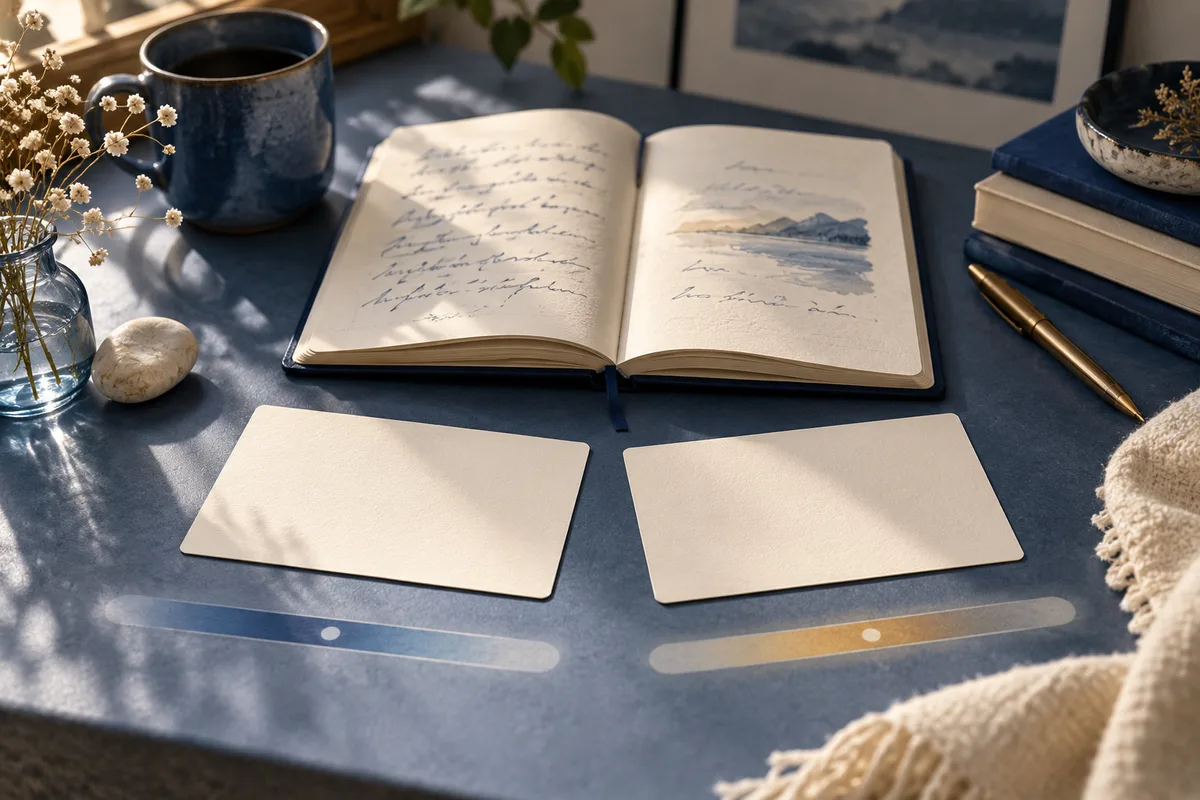 An open notebook with handwritten notes and a small watercolor landscape sits above two blank cards and two horizontal lines marked with dots, on a blue tabletop with a mug, flowers, books, and a pen.