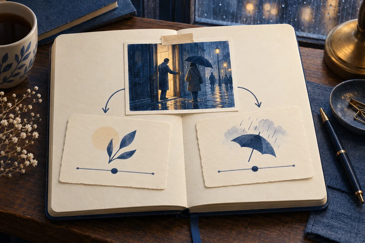 An open notebook shows a rainy street scene with two figures under an umbrella, with arrows pointing to cards depicting a leafy branch and an umbrella; each card has a line marked with dots.