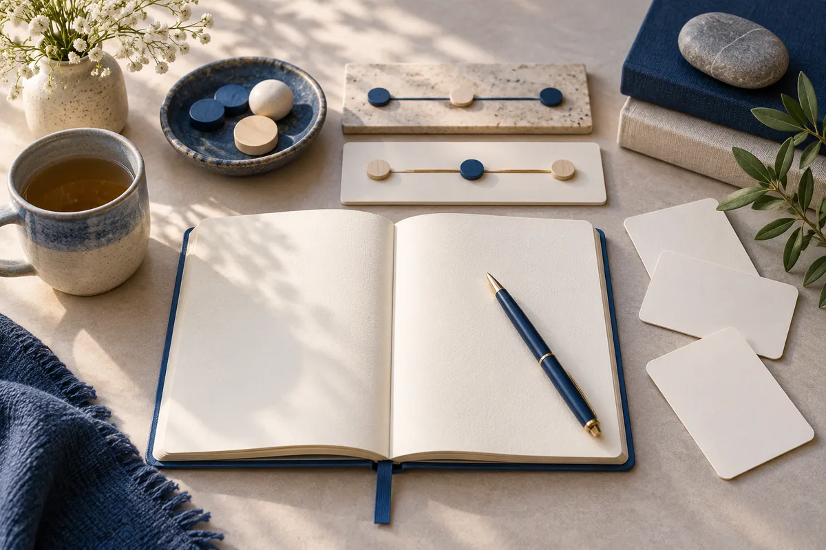 An open blank notebook and blue pen sit beside two boards with blue and cream markers, blank cards, a cup of tea, and small plants.