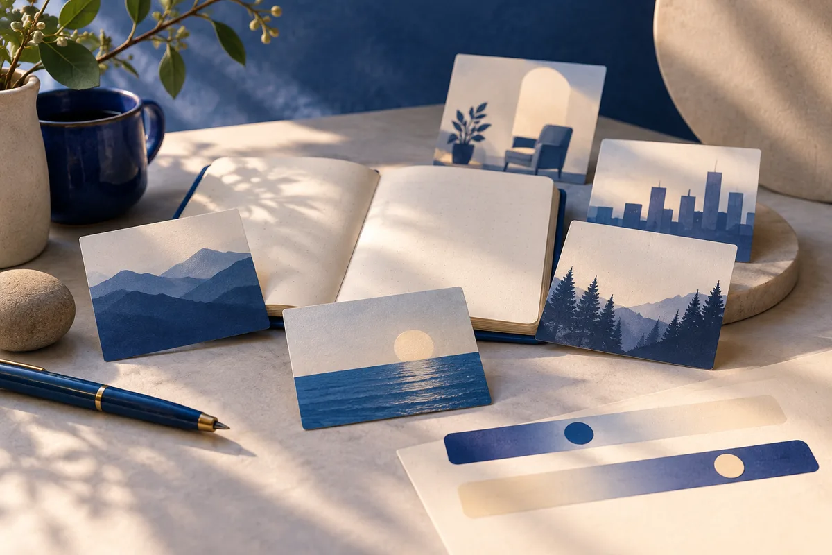 An open blank notebook surrounded by illustrated cards of mountains, a forest, a city skyline, and a setting sun, with two blue-and-cream sliders in the foreground.