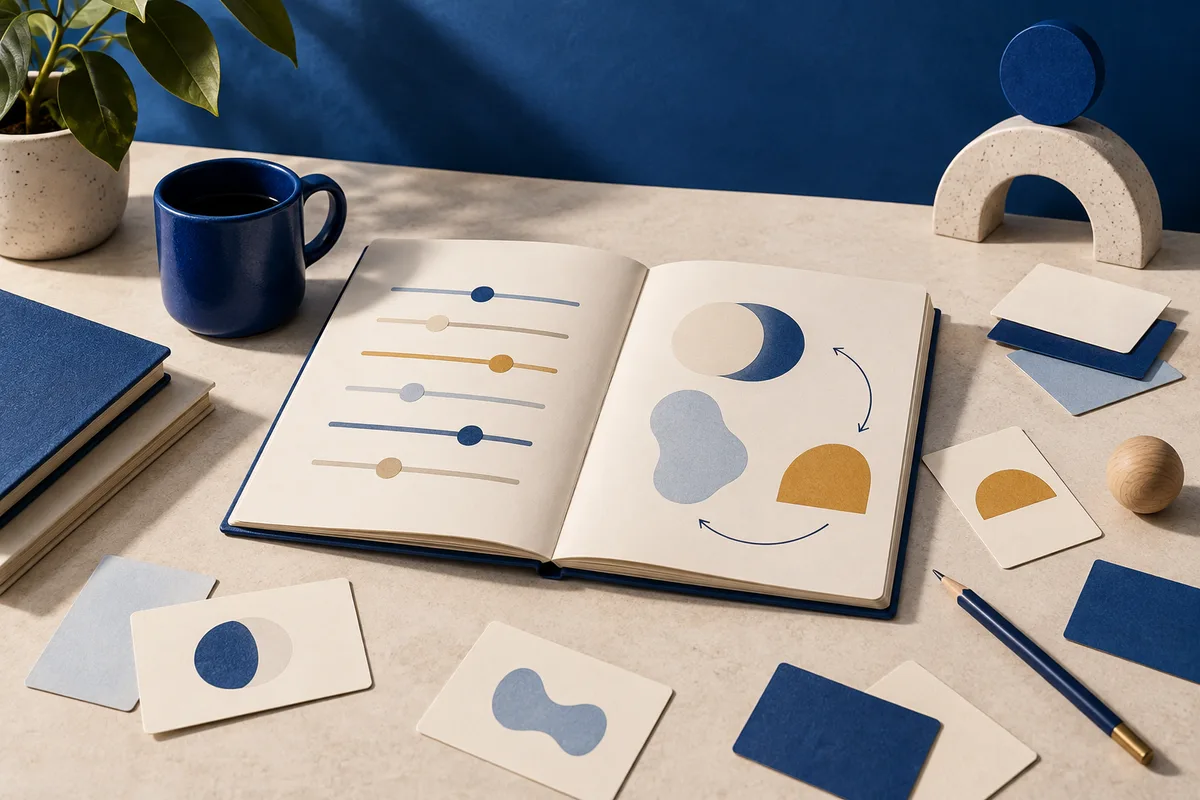 Open notebook with colored lines, dots, and abstract shapes, surrounded by cards, a blue mug, a plant, and a pencil.
