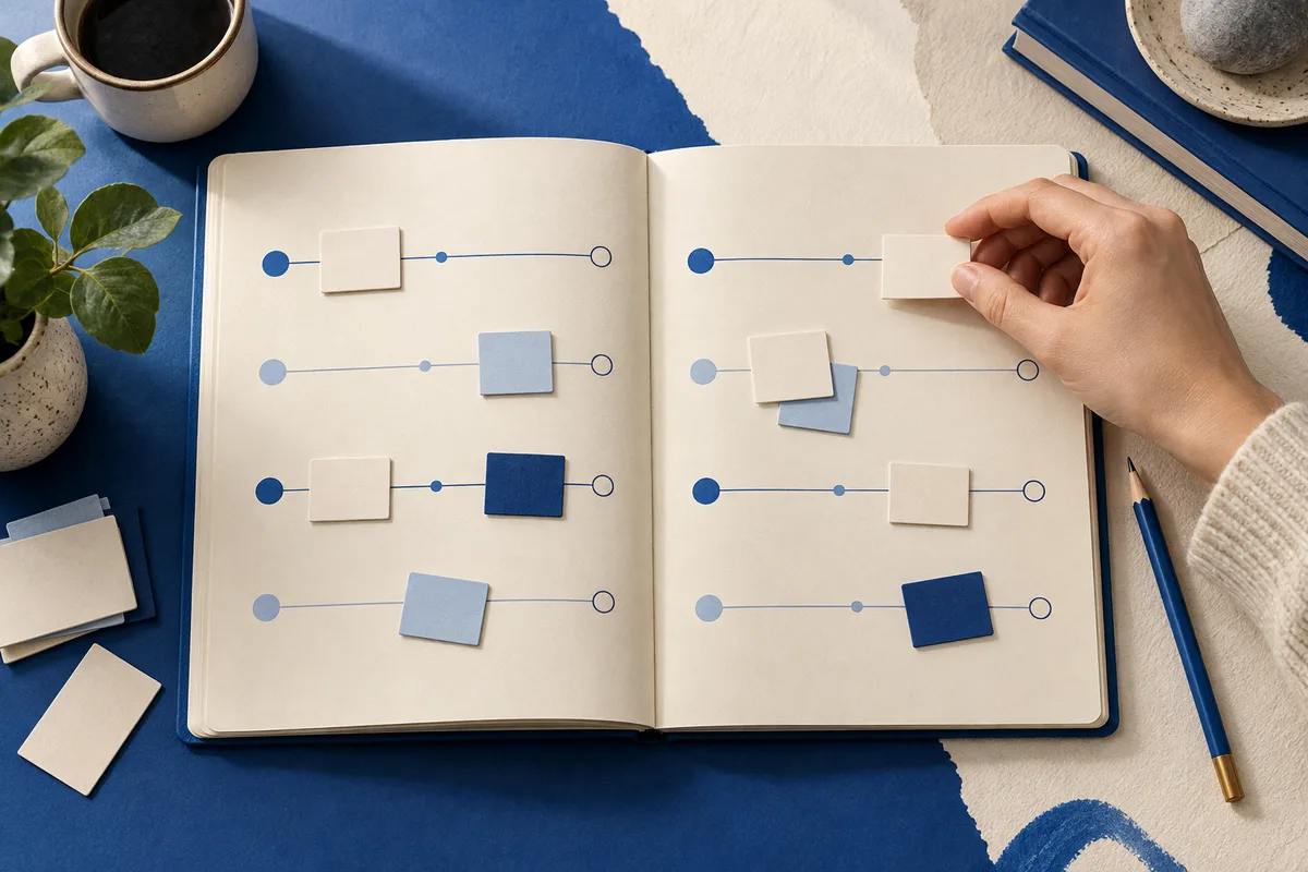 Open notebook showing horizontal lines with colored square markers while a hand places a white square on one line.