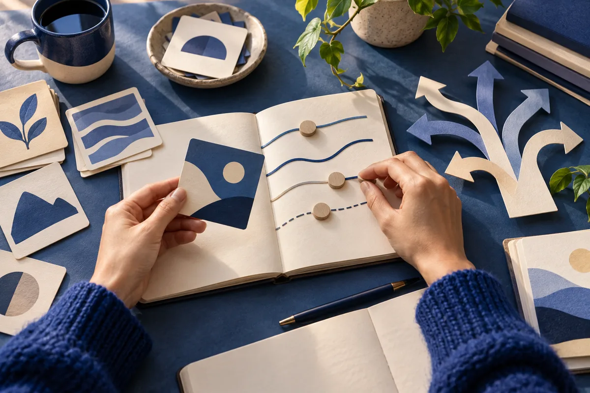 Hands hold a geometric card and adjust wooden markers on wavy and dashed lines in an open notebook, with arrow-shaped cards nearby.