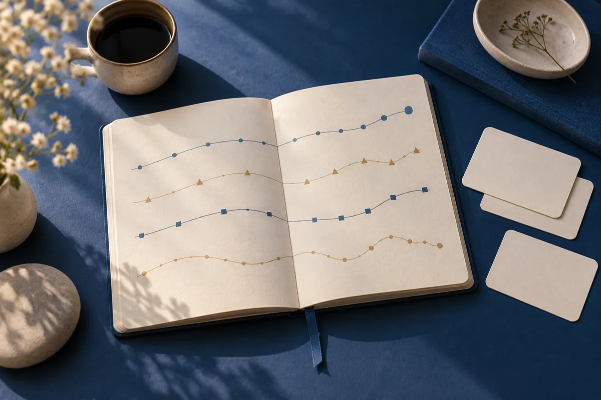 An open notebook on a blue surface shows four lines of dots, triangles, and squares; a coffee cup, small blank cards, and a dish with dried flowers sit nearby.