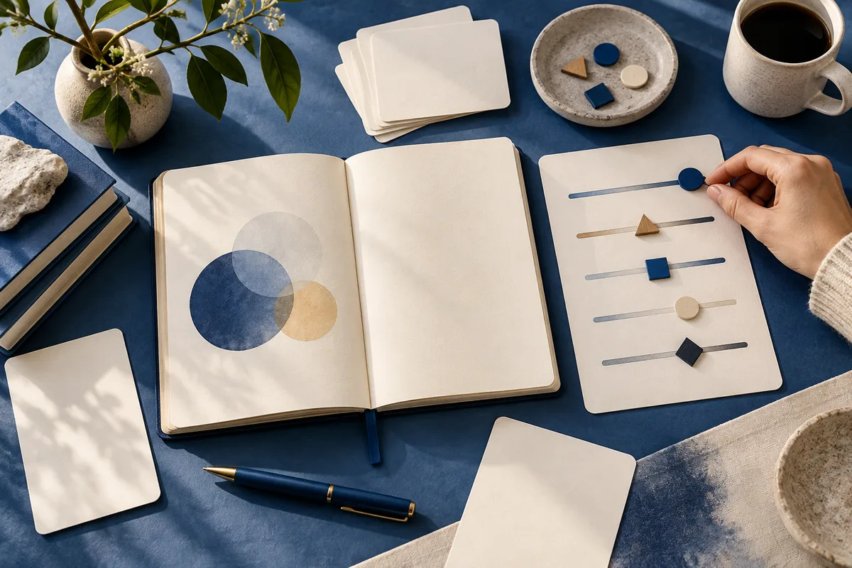 Overhead still life with an open blank notebook, overlapping colored circles, blank cards, a pen, a cup of coffee, and a hand adjusting geometric markers on horizontal lines.