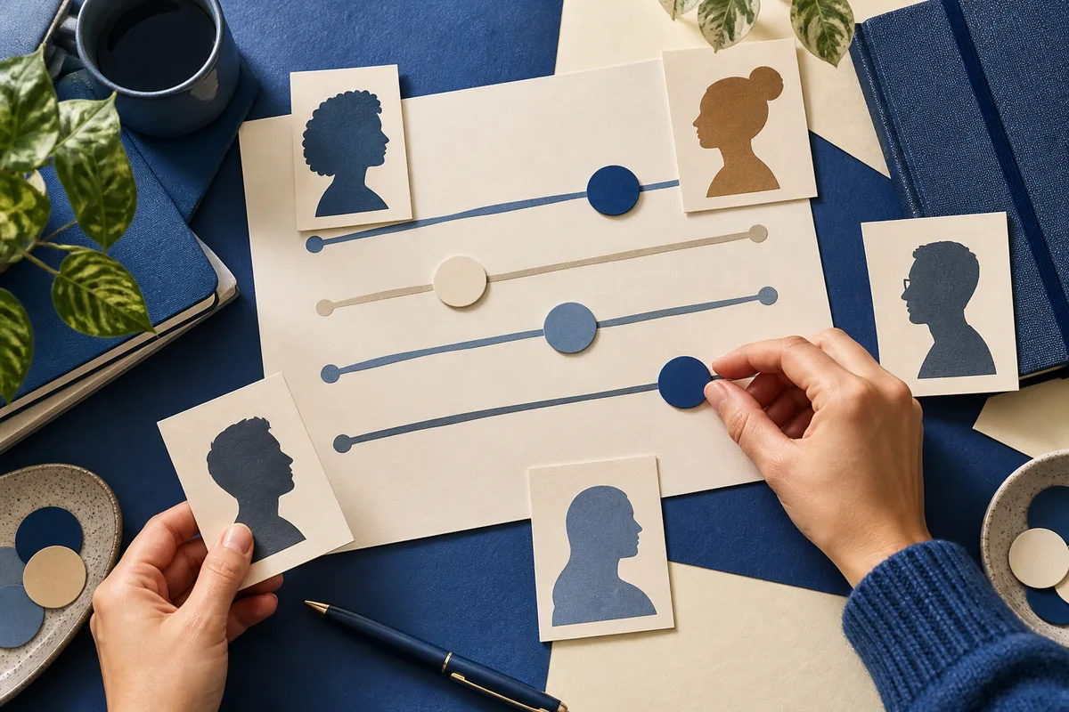 Overhead scene with silhouette profile cards around a sheet of horizontal lines and colored markers, while two hands hold and adjust the cards and markers.
