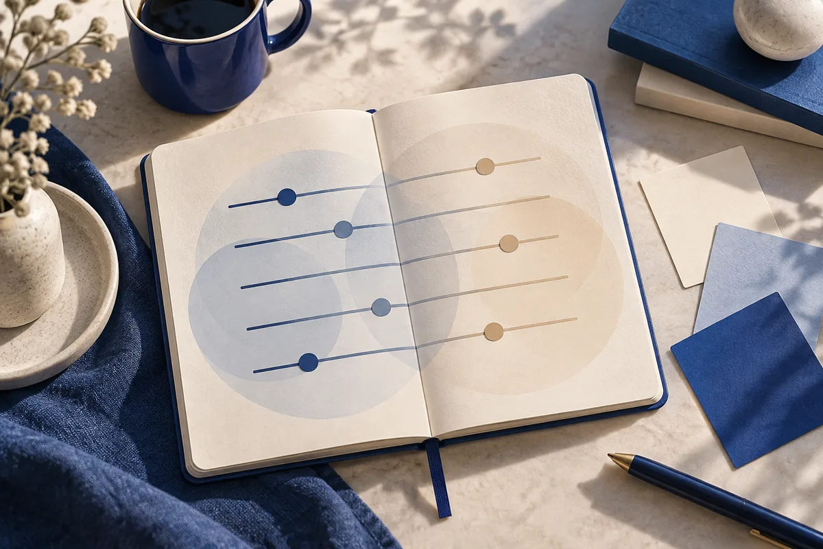 An open cream notebook shows blue and tan dots along several horizontal lines, beside a navy mug, papers, and a pen.