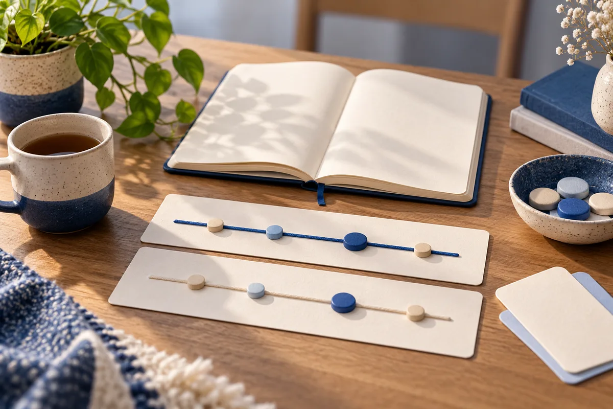 An open blank notebook and two sliders with colored markers on a wooden table beside a cup of tea and plants.