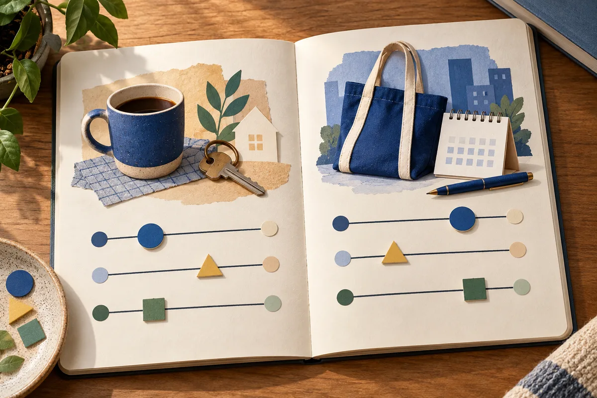 An open illustrated notebook shows a mug and house on one page and a tote bag and calendar on the other, with rows of colored shapes on slider lines.